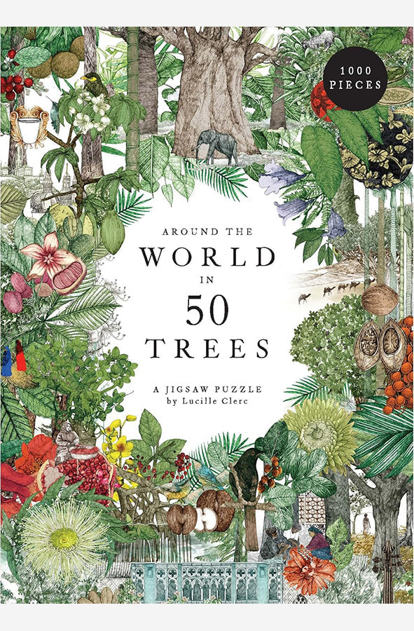 Book cover of Around the World in 50 Trees - Puzzle by Jonathan Drori at Wild and the Sage, Galle, Sri Lanka
