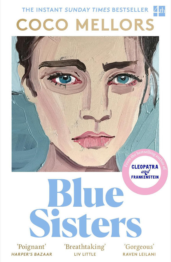 Book cover of 'Blue Sisters' by Coco Mellors with a stylized illustration of a woman's face.