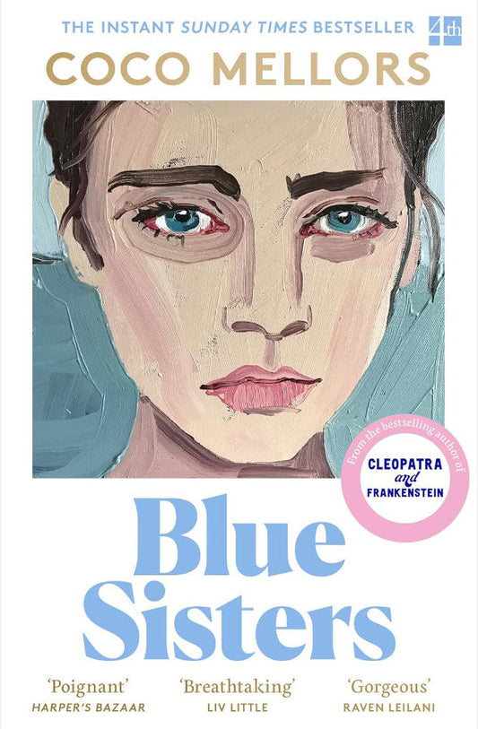 Book cover of 'Blue Sisters' by Coco Mellors with a stylized illustration of a woman's face.
