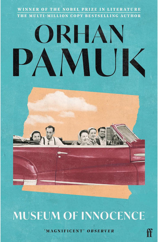 Book cover of 'Museum of Innocence' by Orhan Pamuk with a red convertible car and people on a blue background.