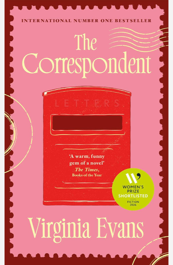 Book cover of 'The Correspondent' by Virginia Evans with a red letterbox illustration on a pink background.