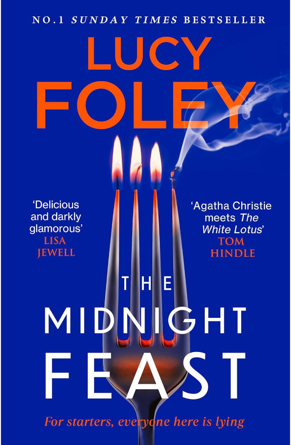 Book cover of 'The Midnight Feast' by Lucy Foley with a blue background, candles, and a fork.