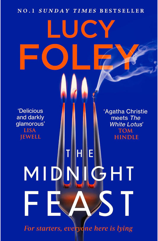 Book cover of 'The Midnight Feast' by Lucy Foley with a blue background, candles, and a fork.
