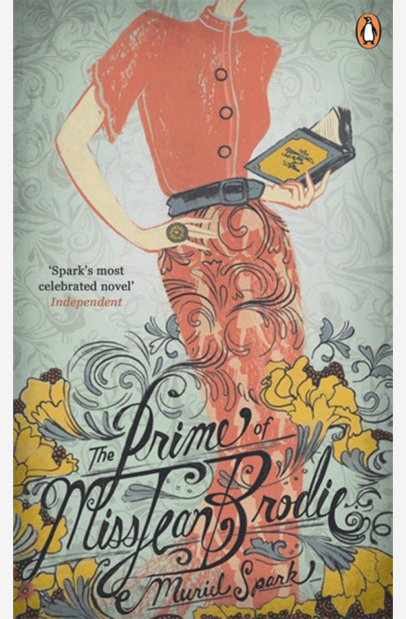 Book cover of 'The Prime of Miss Jean Brodie' by Muriel Spark with a stylized illustration of a woman holding a book.