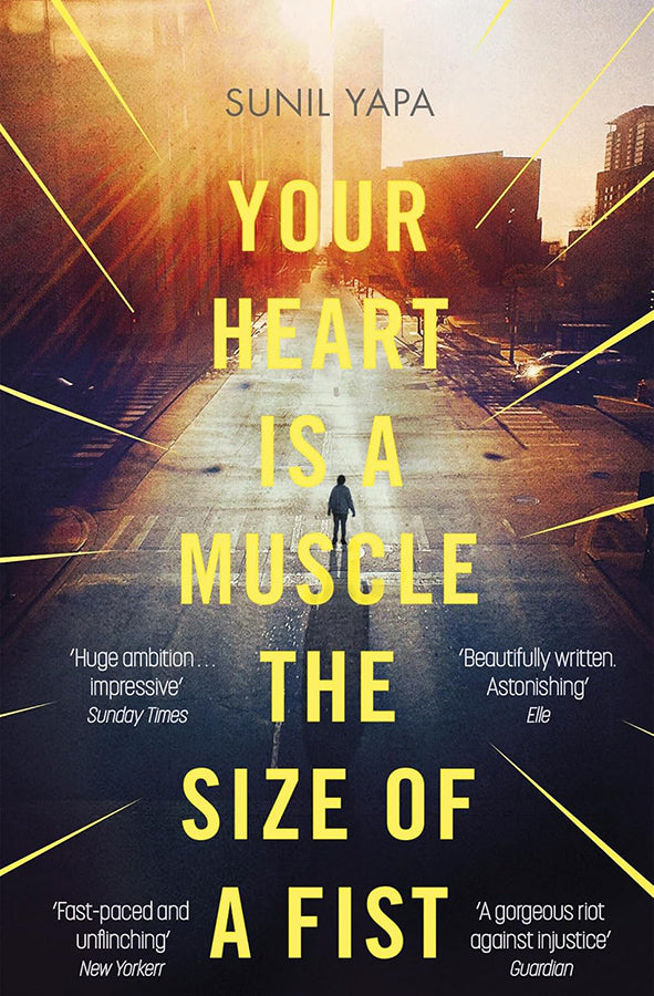 Book cover of Your Heart is a Muscle the Size of a Fist by Sunil Yapa at Wild and the Sage, Galle, Sri Lanka